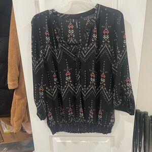 Maurices Black Blouse with Pink and White Geometric Print